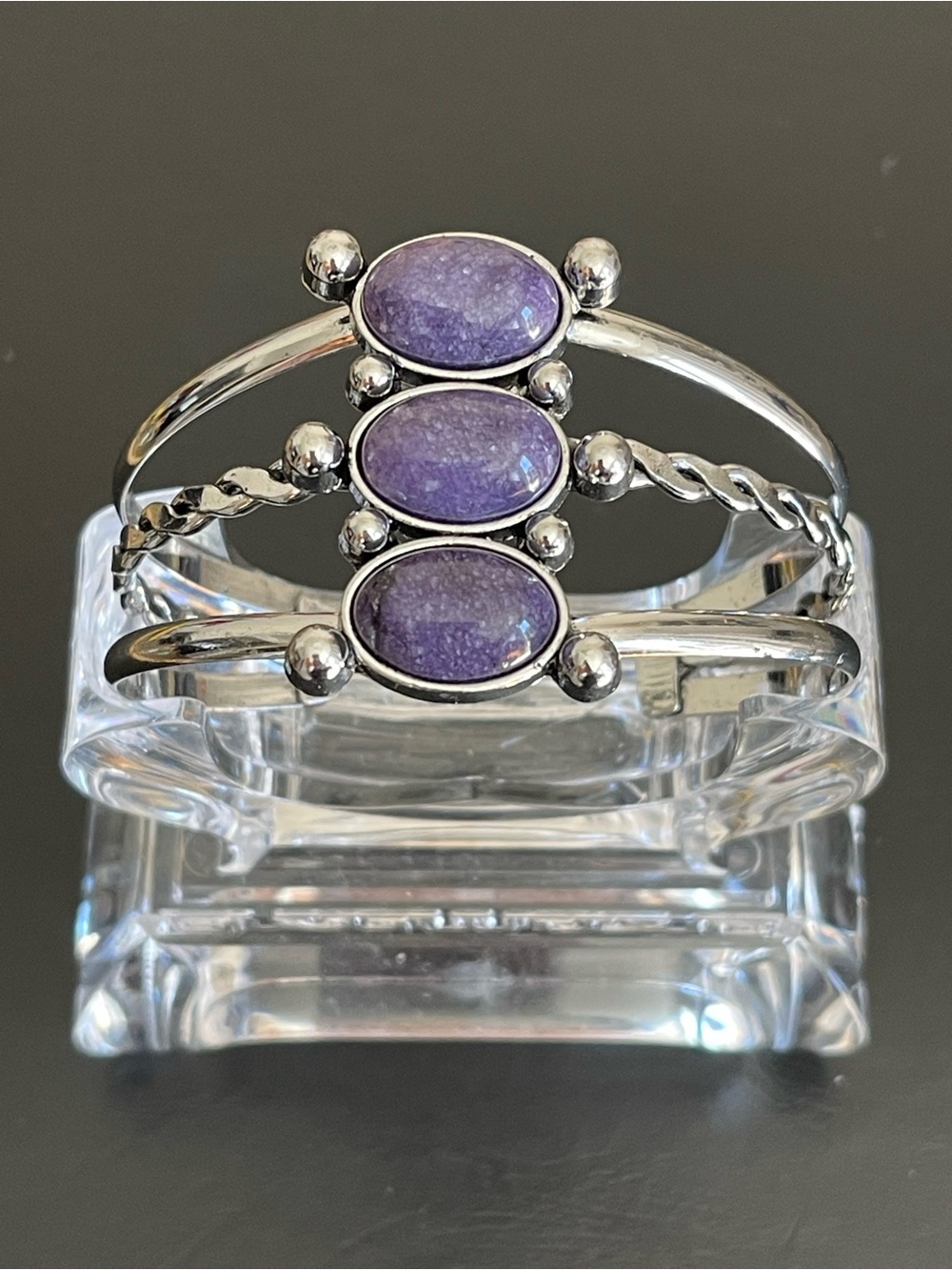 Silver Tone Cuff Bracelet with Three Purple Stones
